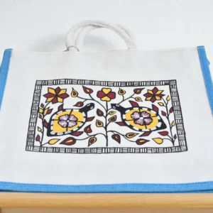 Home birsa craft big jute bag with sohrai painting on shopping bag