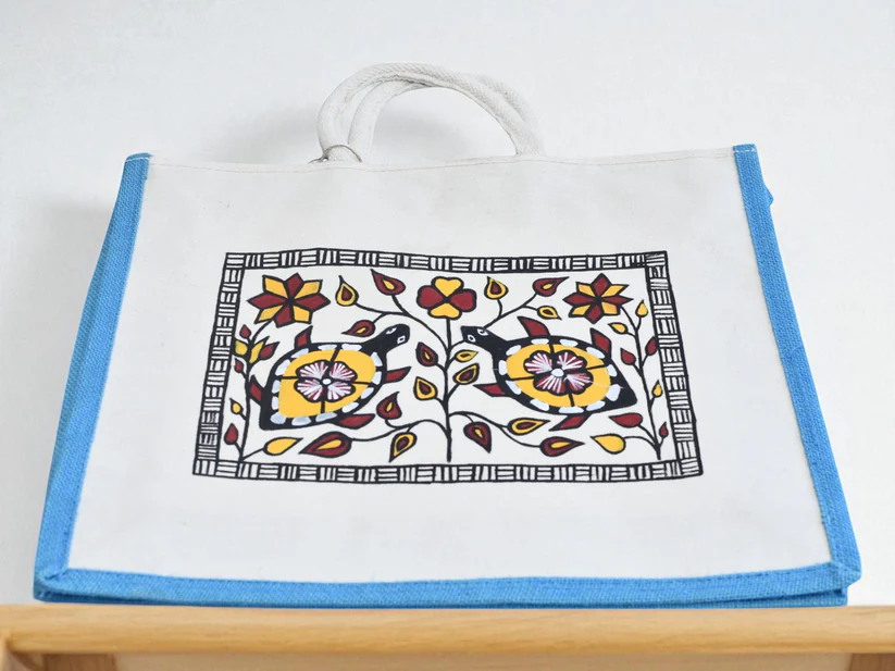 birsa craft big jute bag with sohrai painting on shopping bag birsa craft big jute bag with sohrai painting on shopping bag